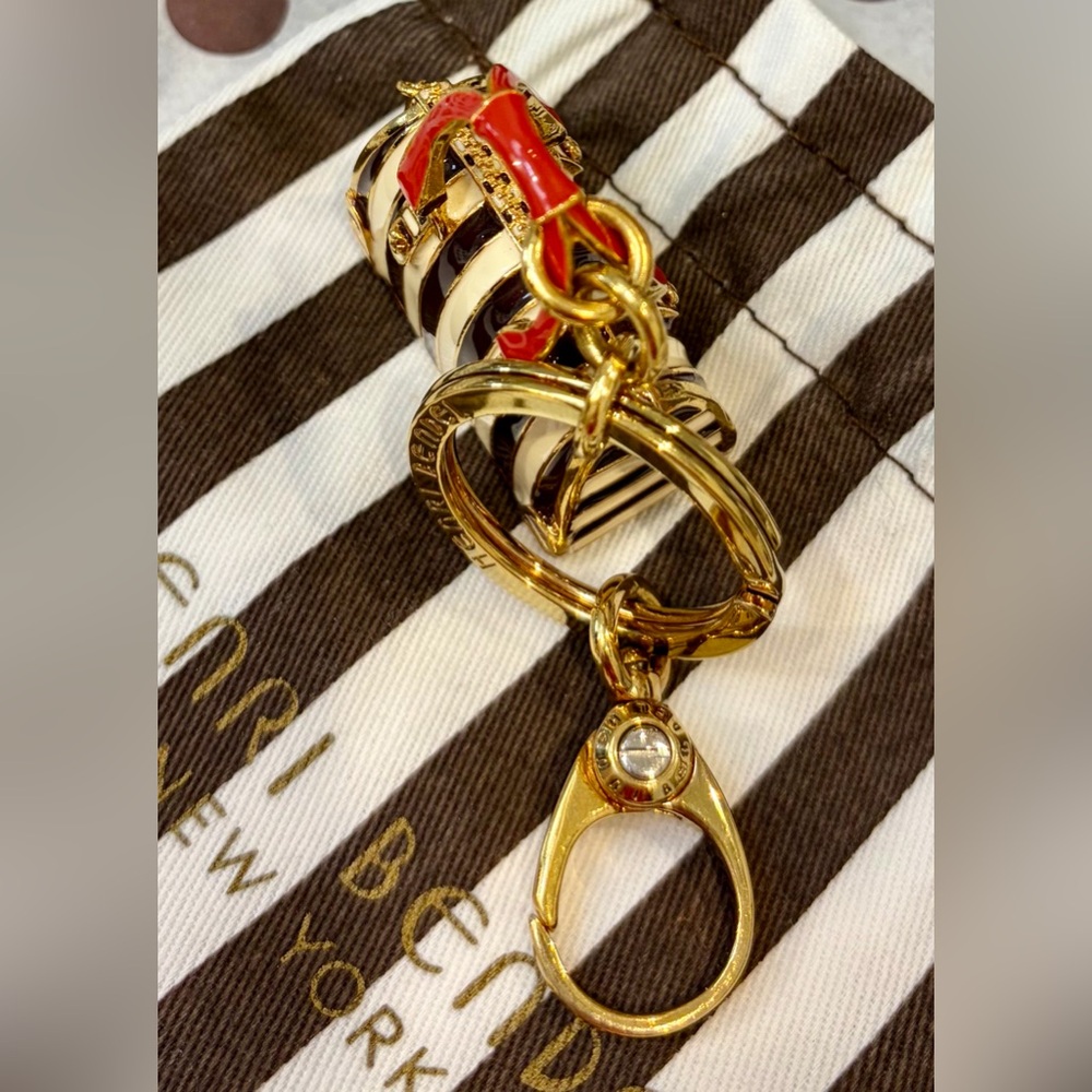 NWOT HENRI BENDEL Gold & Brown Stripe Mini Bag Keychain with Red Handle - Picture 5 of 14